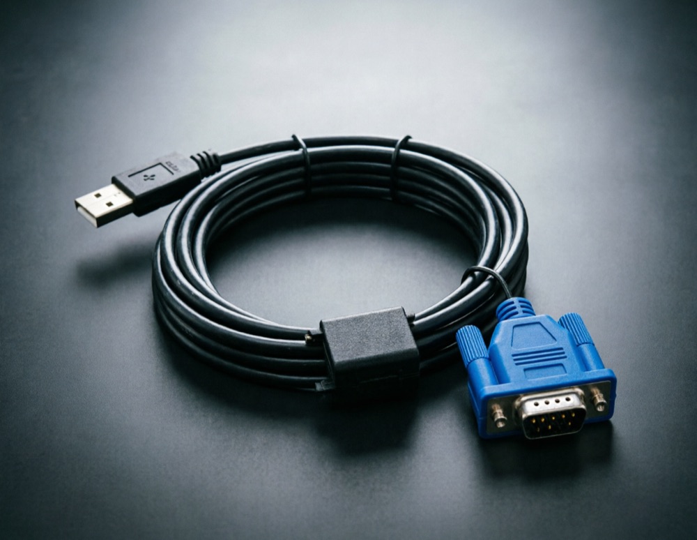 USB and DB9 PLC programming cable on a dark background