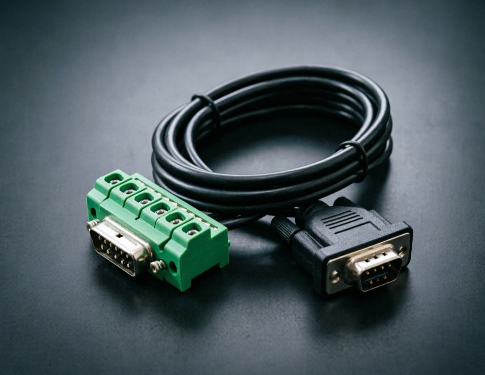 USB to serial adapter with a green screw-terminal block
