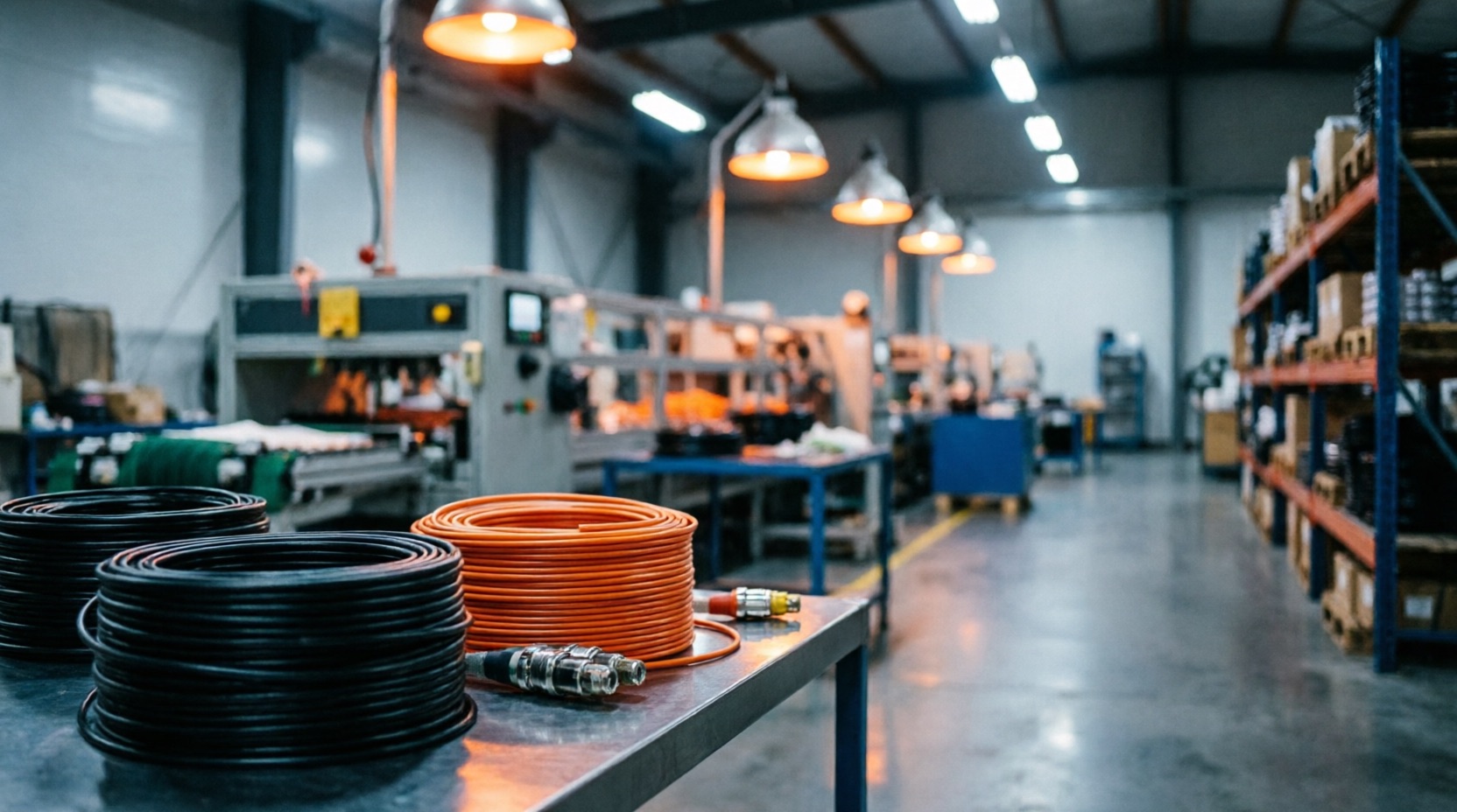 Factory workbench with coiled black and orange industrial data cables and connectors