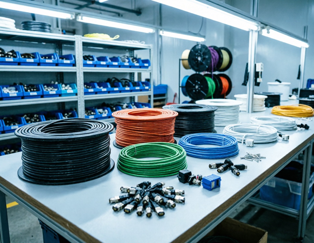 OEM workshop bench with multicolored cable assemblies and connectors under industrial lighting